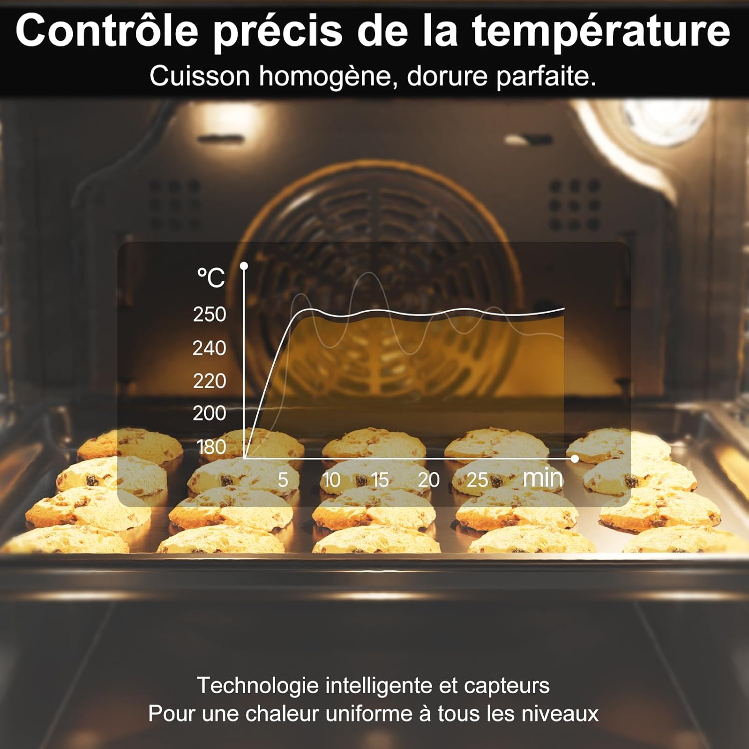 Four encastrable - 60 cm, 70 L, chaleur tournante 4D, 8 modes, sécurité enfant