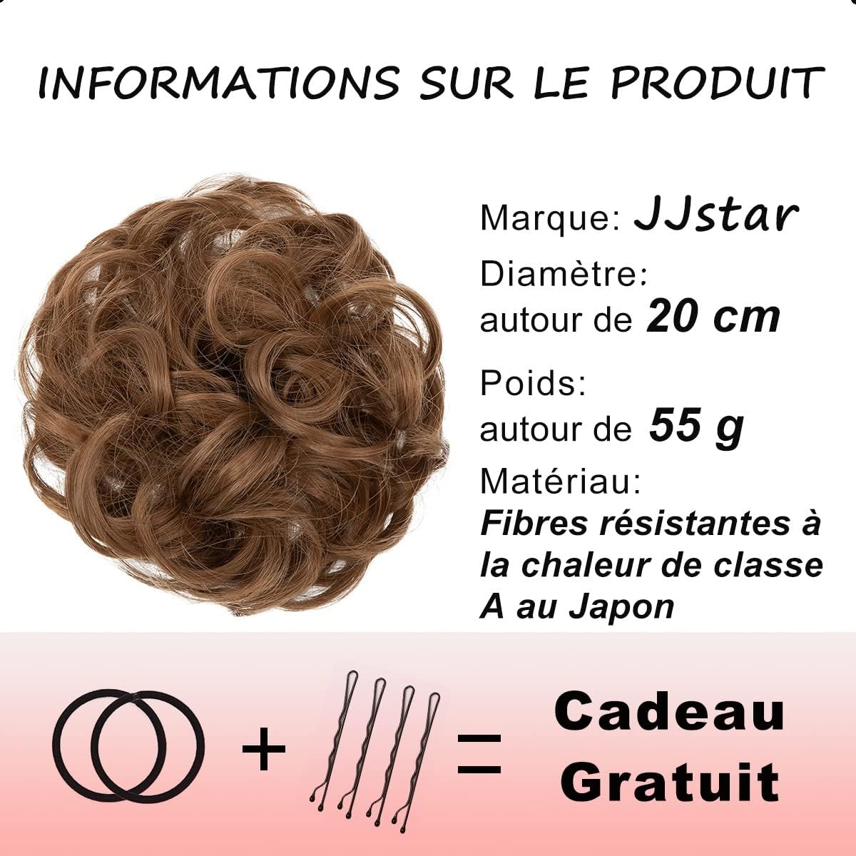 JJstar - Chignon postiche bouclé, élastique, cheveux auburn medium
