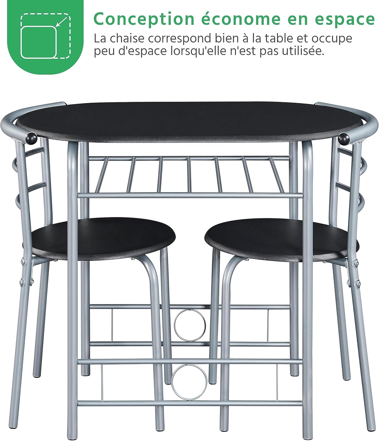 Yaheetech - Ensemble table à manger 3 pièces - 90x53x75,5 cm - MDF métal, 2 chaises, porte-bouteilles