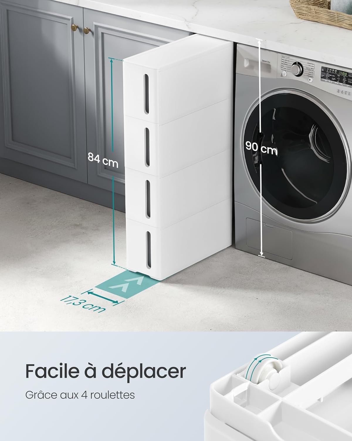 SONGMICS - Chariot Roulant Fin - 45,2x17,3x84cm - 4 tiroirs, PP blanc/gris, KFR008G01