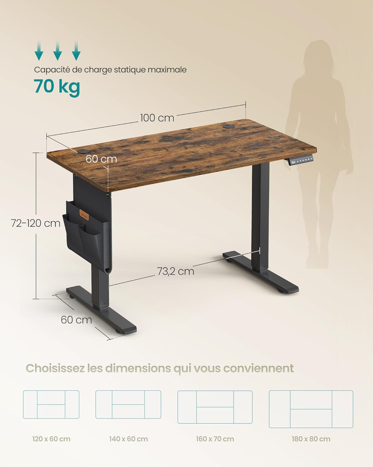 SONGMICS - bureau assis-debout, 100x60 cm, hauteur réglable, mémoire LSD130KD01