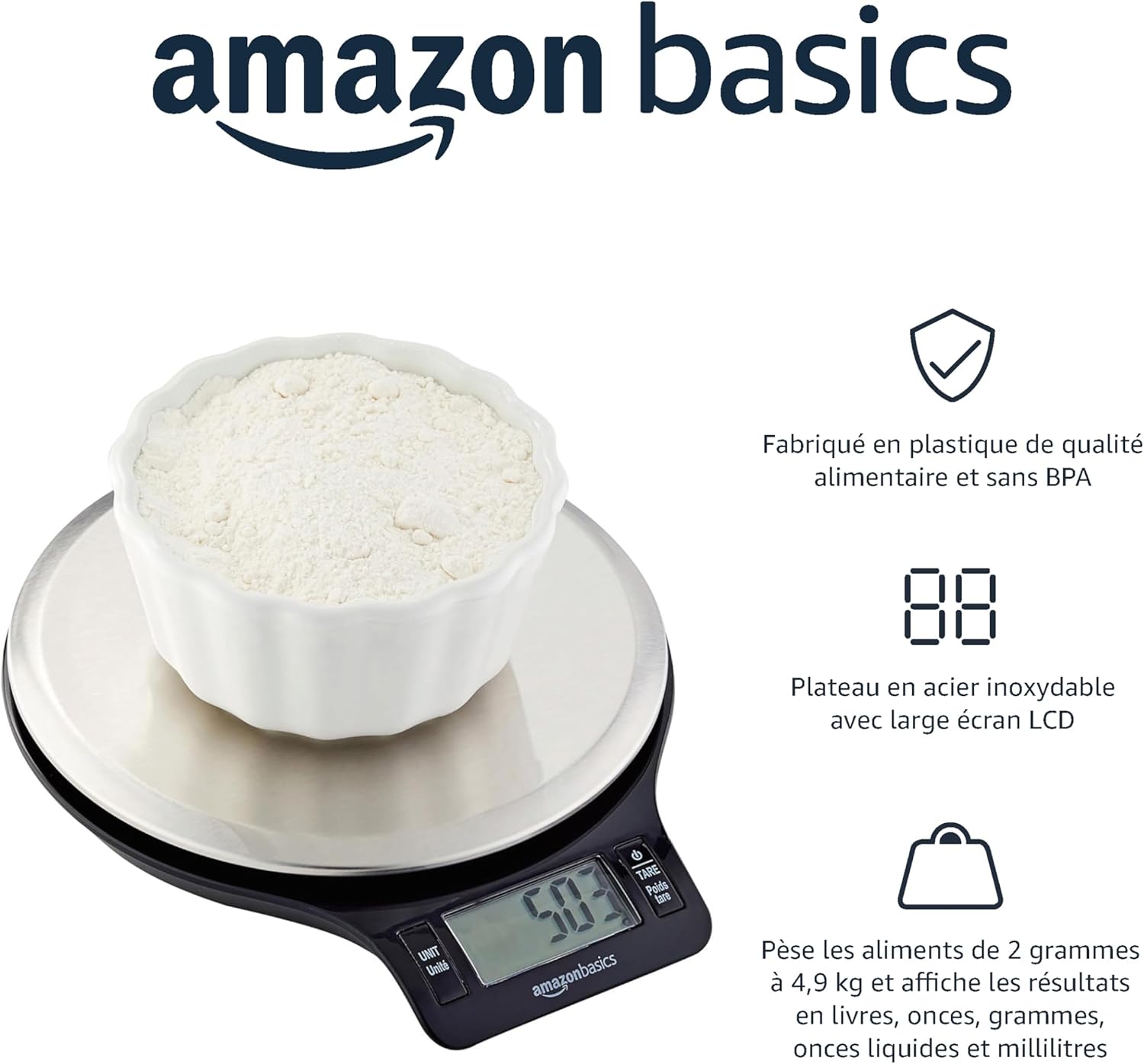 Amazon Basics - balance cuisine inox LCD - 22x18x3 cm, sans BPA