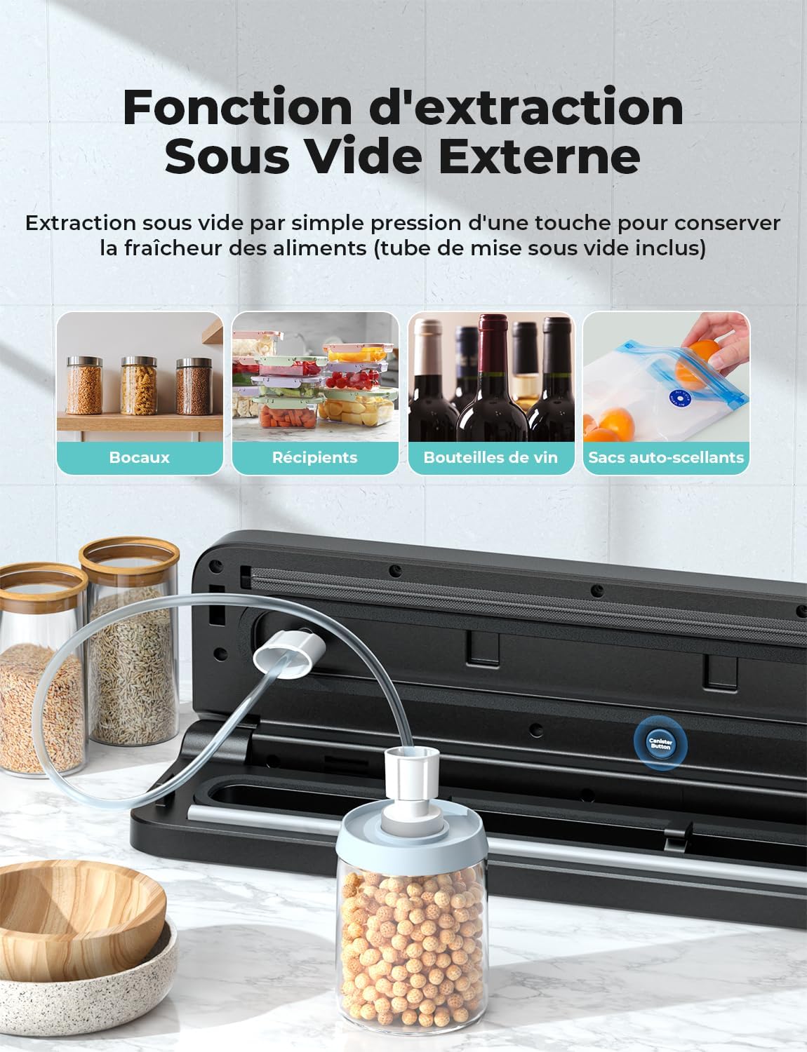 Machine sous vide alimentaire - 5 en 1, sec/humide, 10 sacs inclus, noir