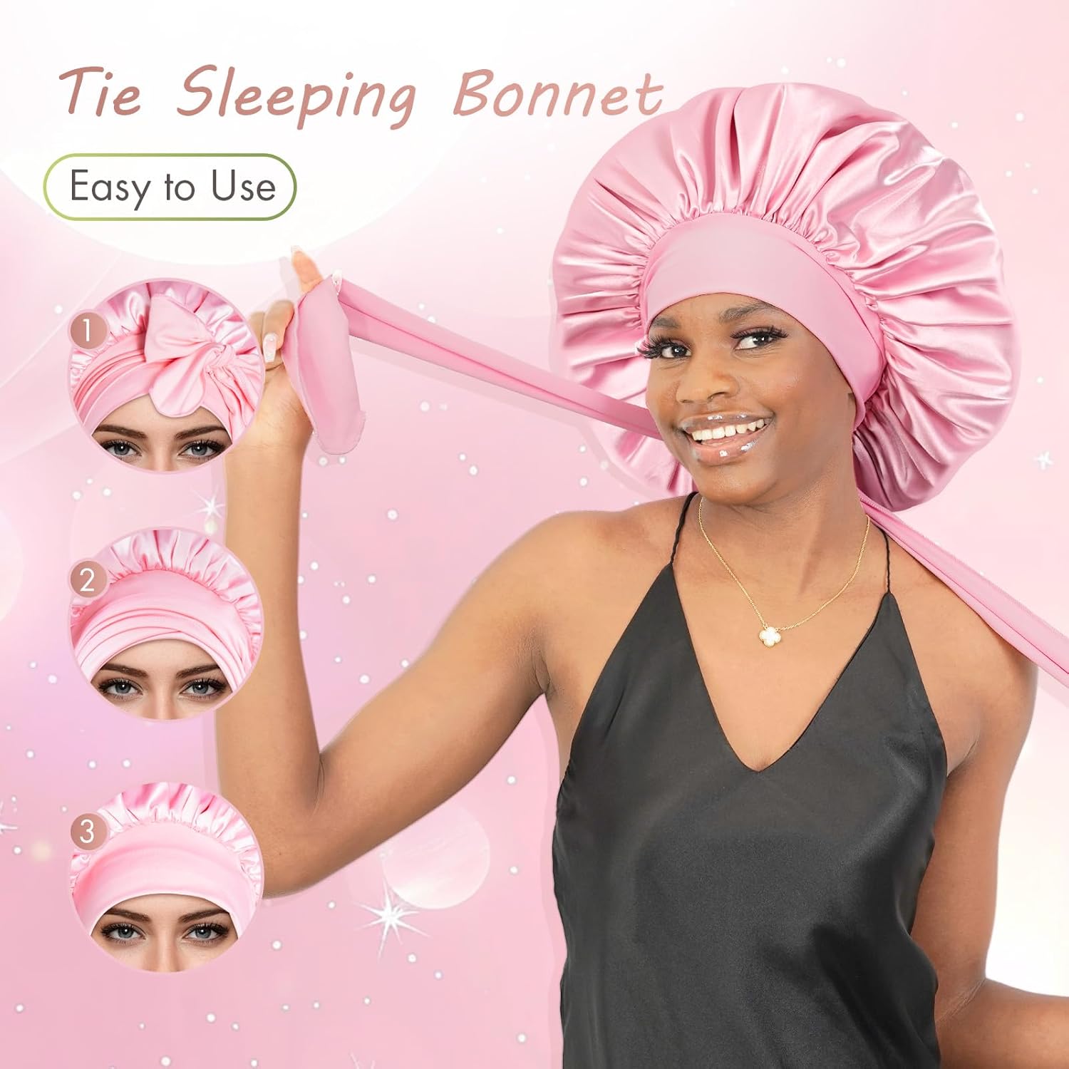 BONNET QUEEN - bonnet satin ajustable, grand, rose, elastique long