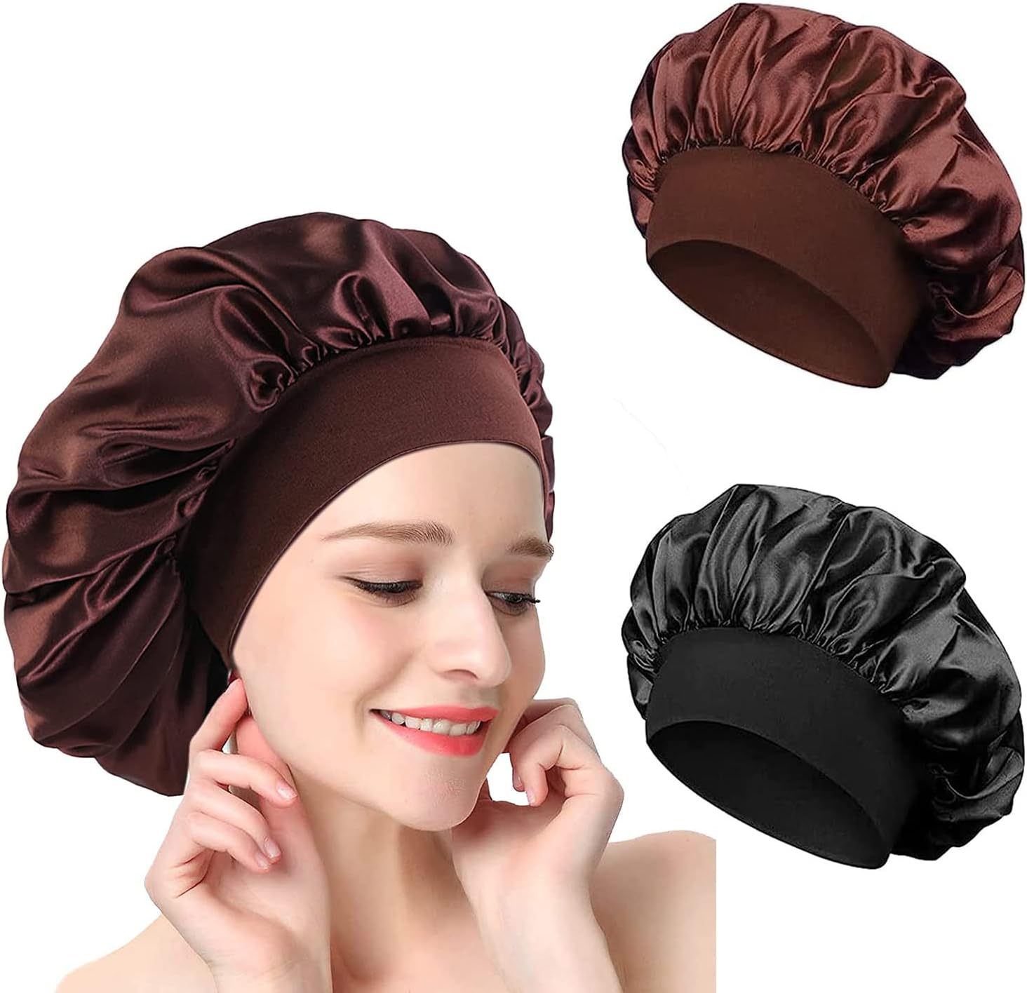 Bonnet satin femme - lot de 2 - taille unique - protection nuit, anti-frisottis