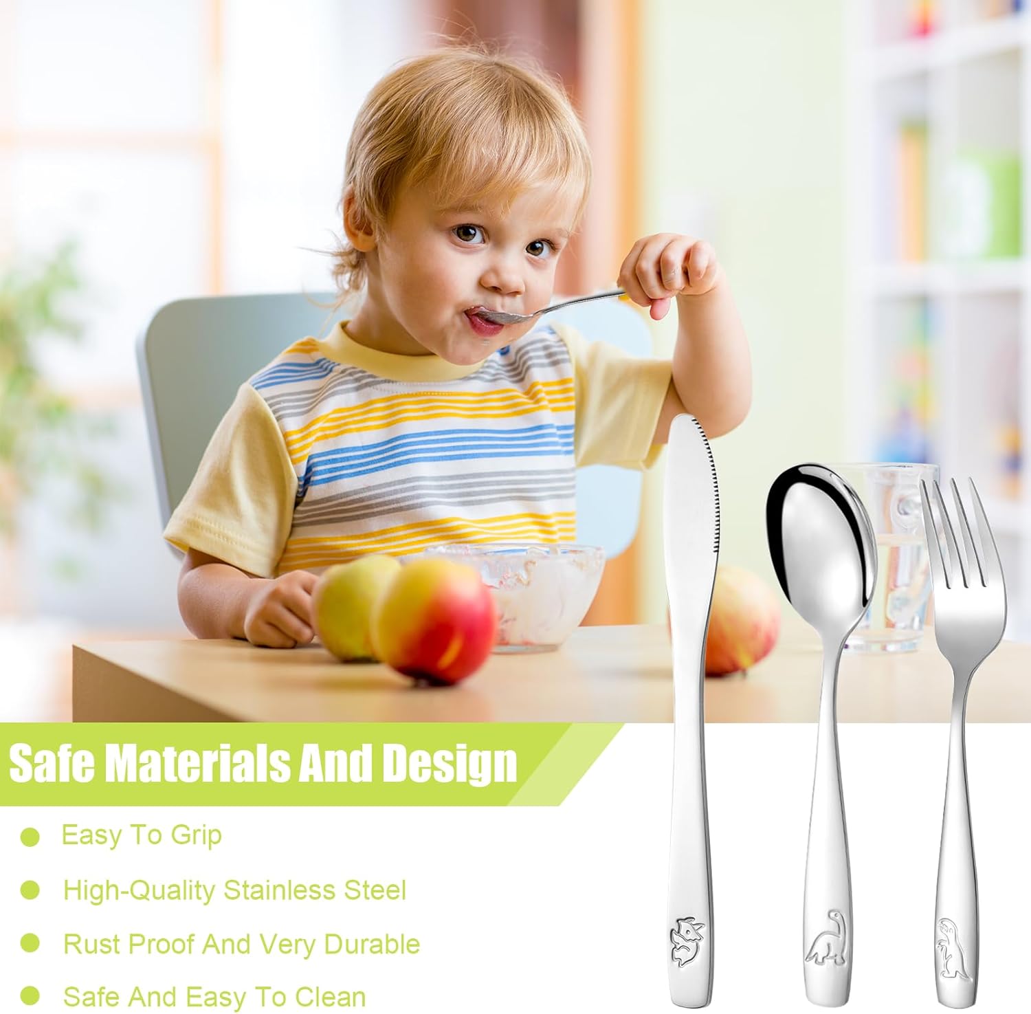 Couverts enfant inox 9 pièces - motif dinosaure - sécurité enfant