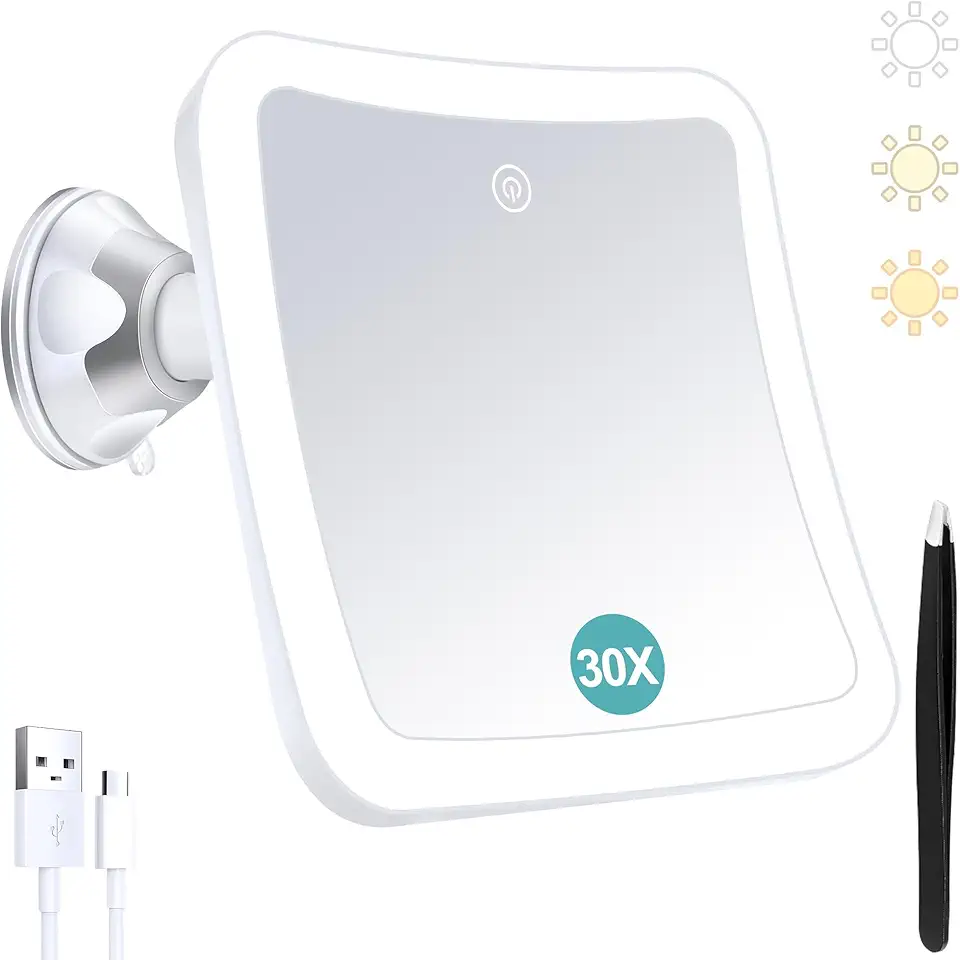 Miroir grossissant - carré 30x - lumineux, tactile, ventouse, rechargeable, rotation 360°