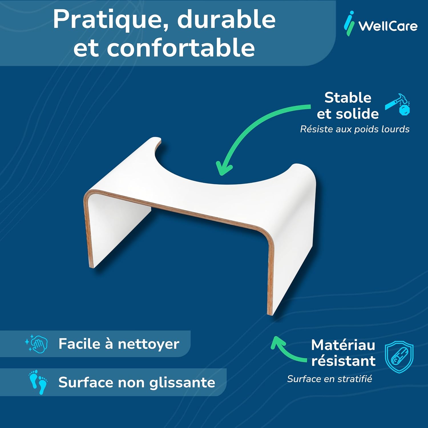 Well Care - Tabouret de toilette bois blanc - position squat - Fabriqué France