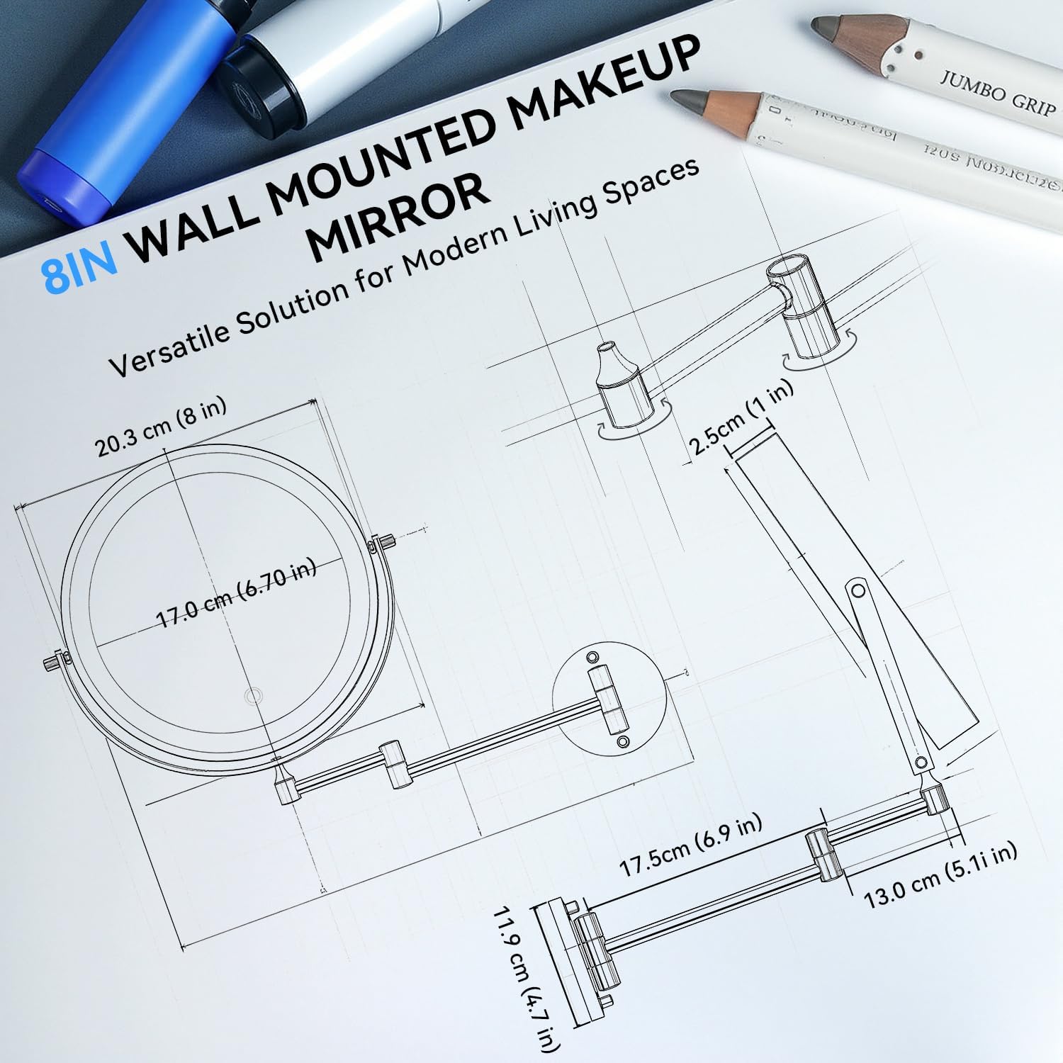 Auxmir - miroir mural série lumineuse - 8 pouces - 1X/30X grossissant, 3 couleurs, tactile, 360° pivotant, branchement E