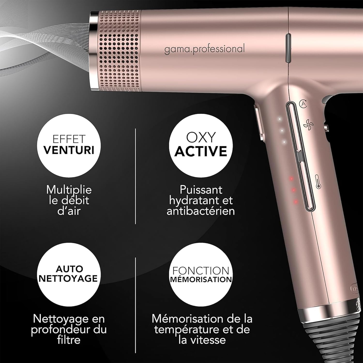 GA.MA Italy - iQ Perfect - sèche-cheveux ultraléger 1600W - Oxy-Active, moteur sans balais, Gold Rose