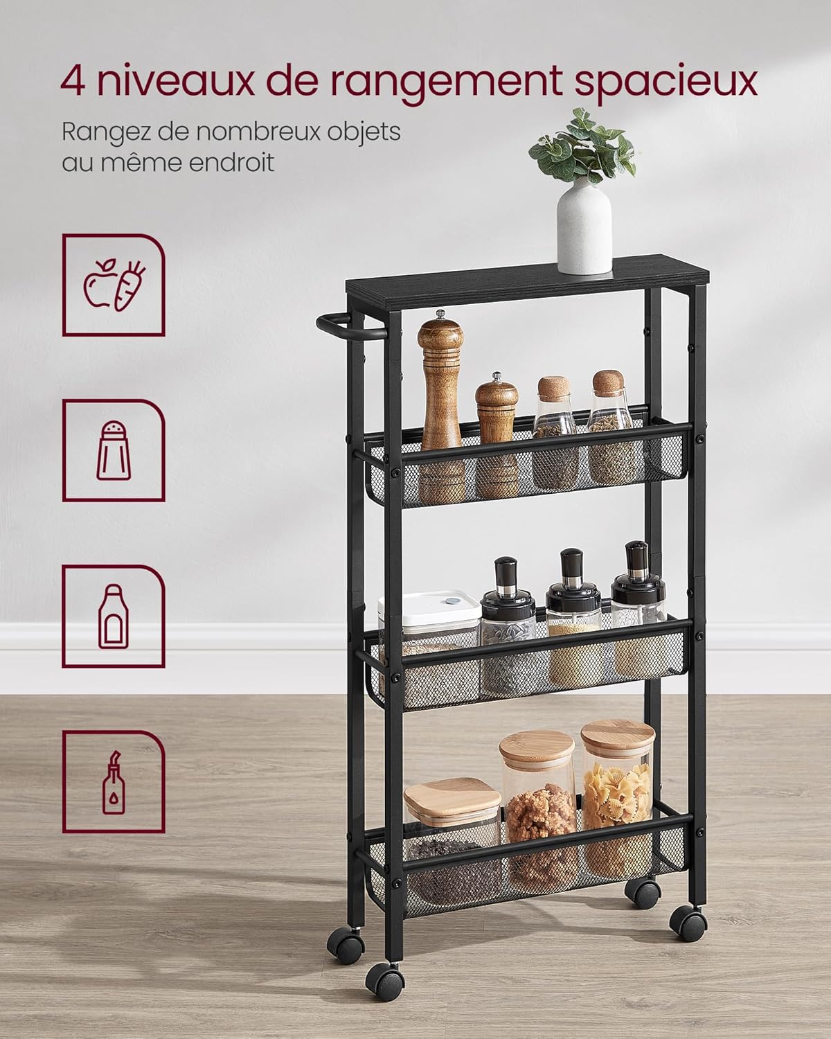 VASAGLE - Desserte 4 niveaux - 13x45,4x77cm - acier, roulettes, poignée - LRC032B04