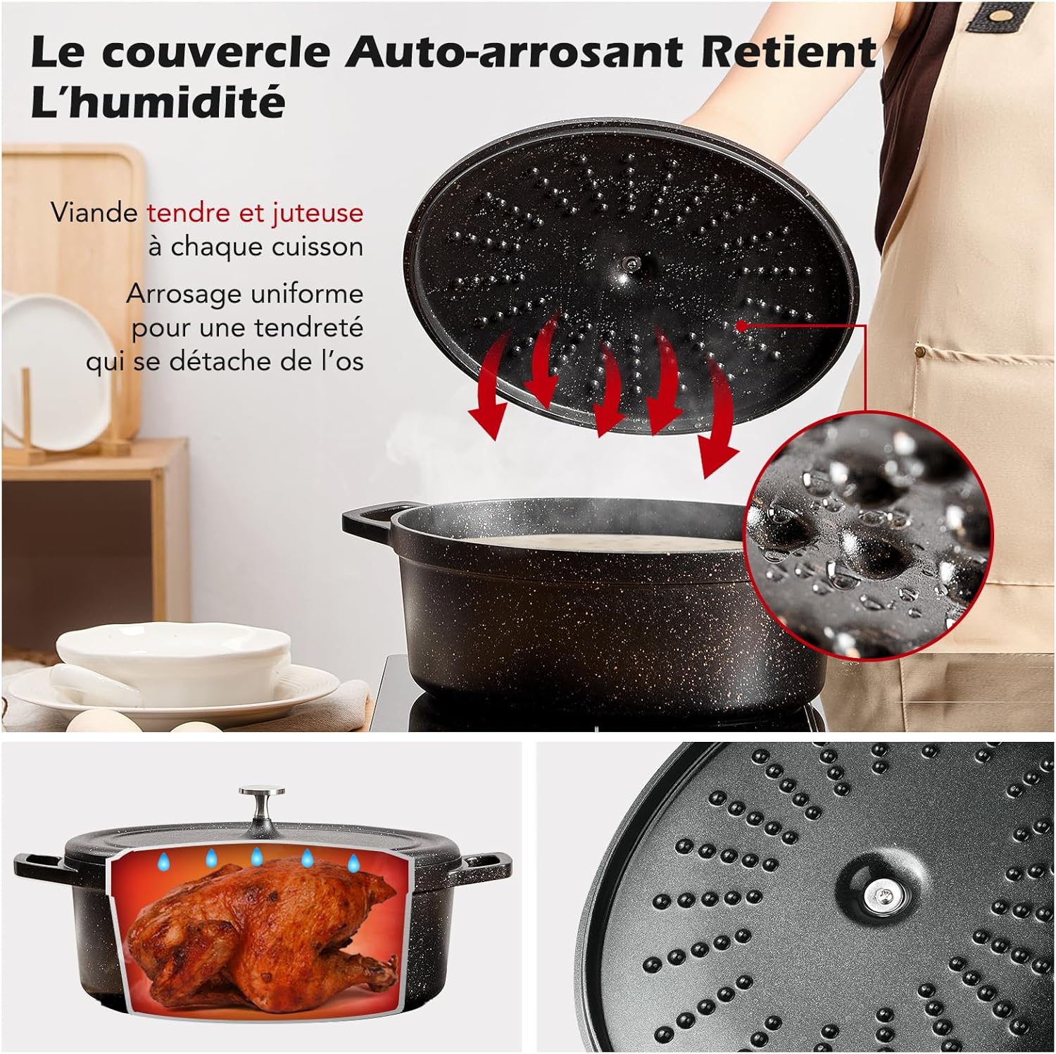 Cocotte fonte ovale 11L, 38cm, antiadhésive, four/gaz, famille