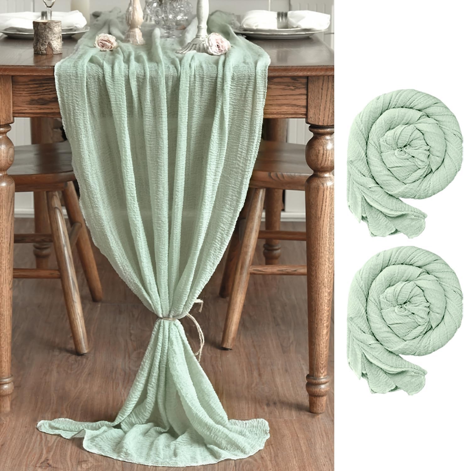 Artoid Mode - Chemins de table bohème 300cm - mousseline vert sauge, lot de 2