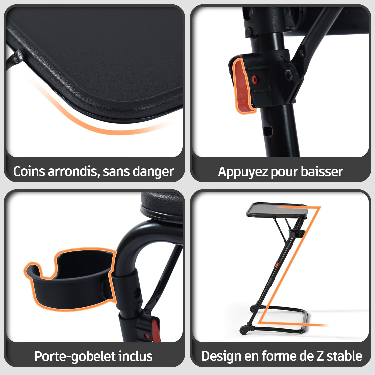 Bureau pliant - hauteur réglable, plateau inclinable, compact, noir