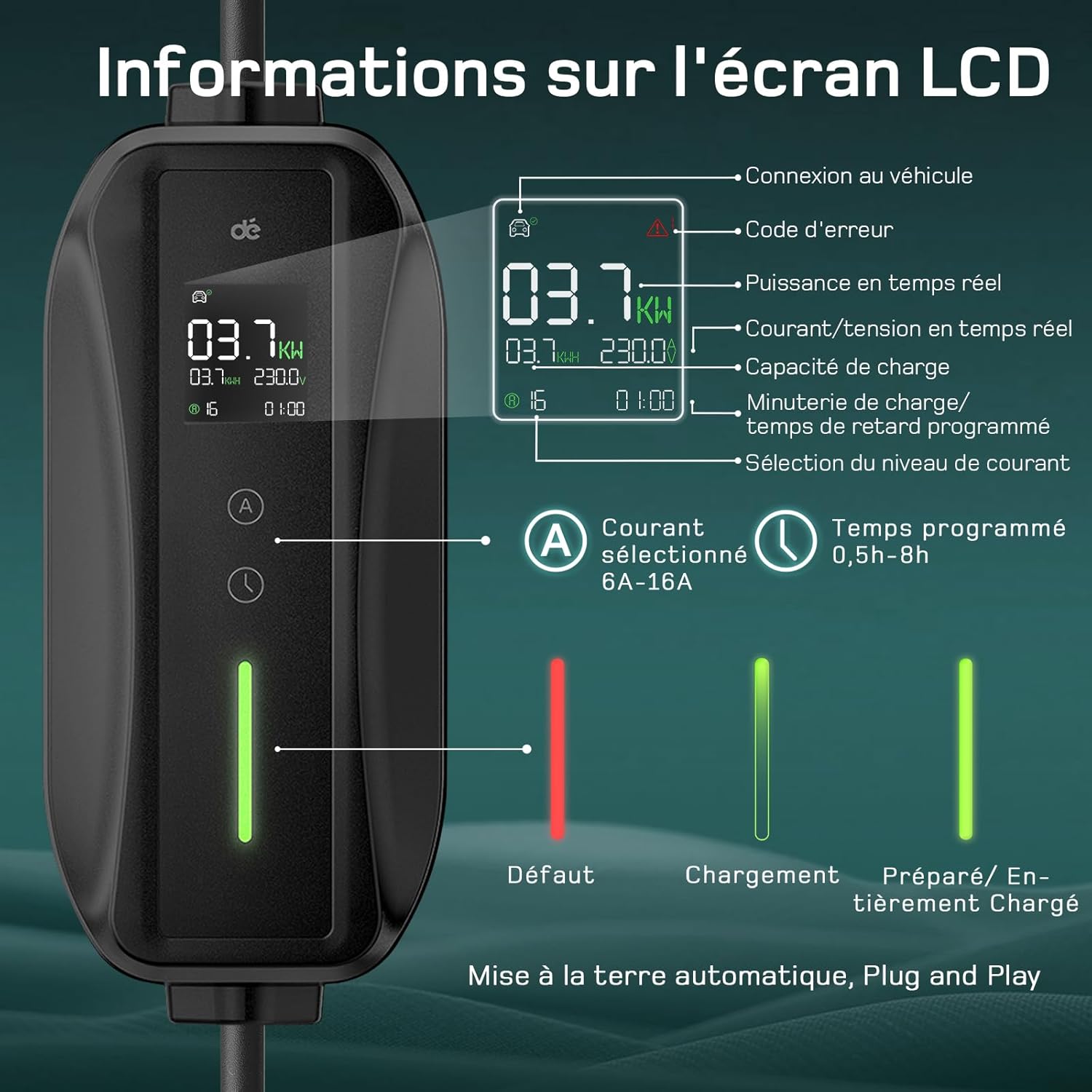 Chargeur voiture électrique - 3,68kW, 6m - Type 2, 16A, écran numérique