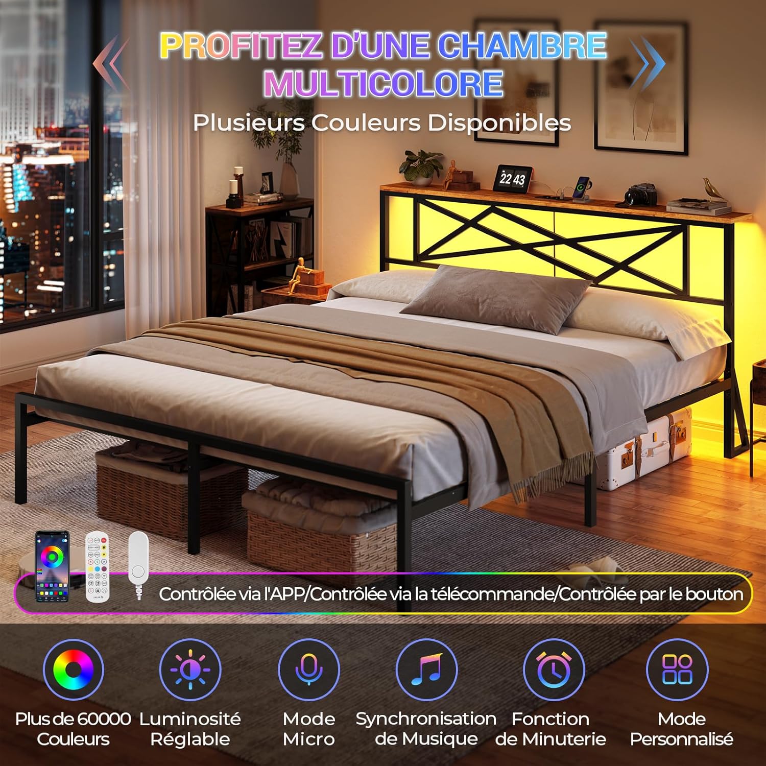 DICTAC - Lit LED avec ports USB, 180x200cm, rangement 32cm, métal