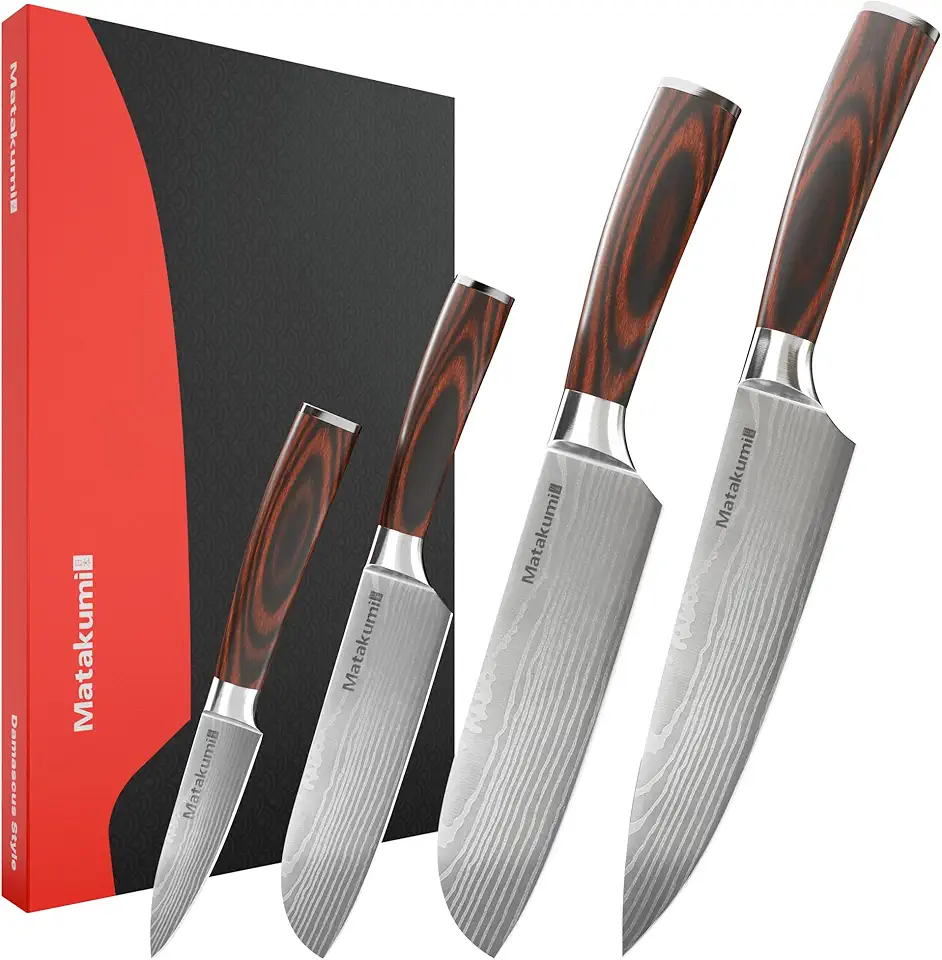 Matakumi - Set couteaux japonais damassé 4 pièces, acier carbone, manche ergonomique