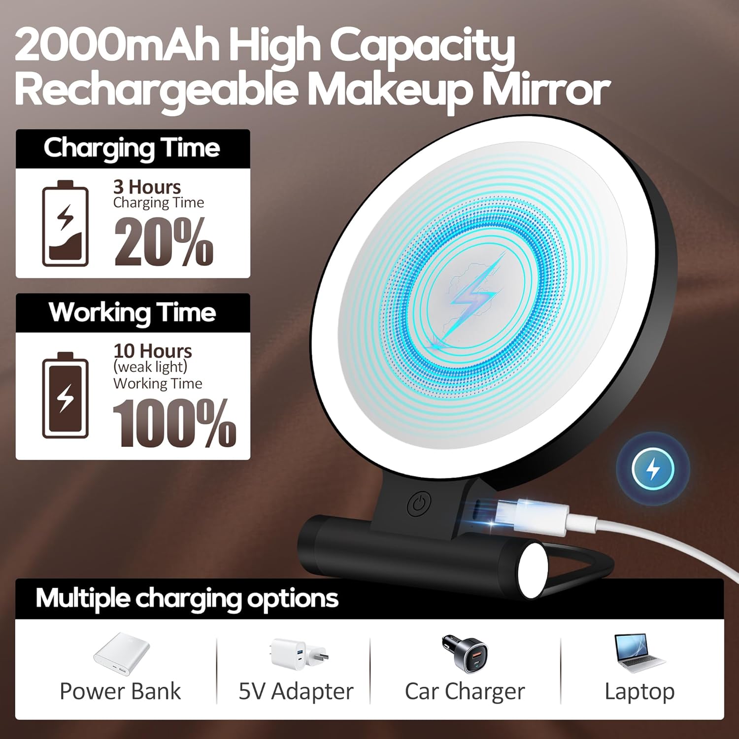 Miroir de maquillage - double face 1X/30X, 2000mAh, 3 lumières, compact