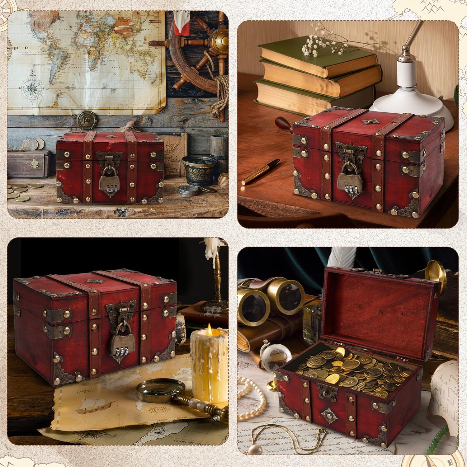 Coffre Trésor Vintage en Bois - boîte à cadenas pirate, couvercle, tirelire enfant, rouge - rangement bijoux, déco