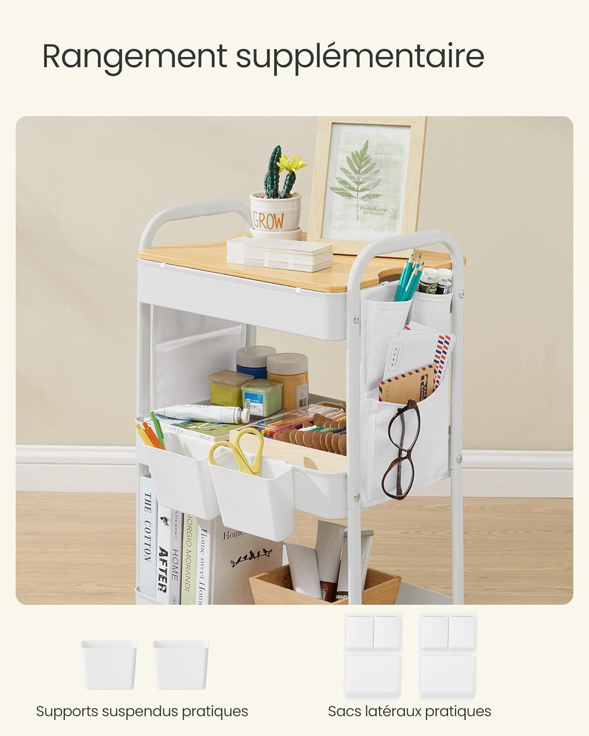 SONGMICS - Chariot de rangement 3 niveaux, blanc, avec table, pots et poches - LRC036W01