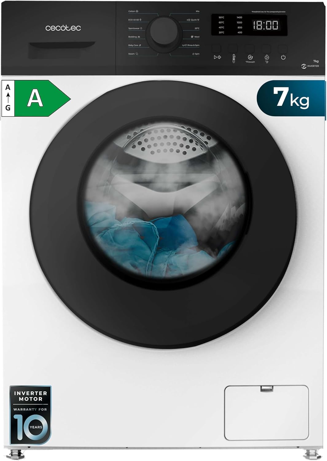 Cecotec - Bolero DressCode 7150 - 7 kg - 1400 tr/min, classe A, vapeur, Inverter Plus, sécurité enfant