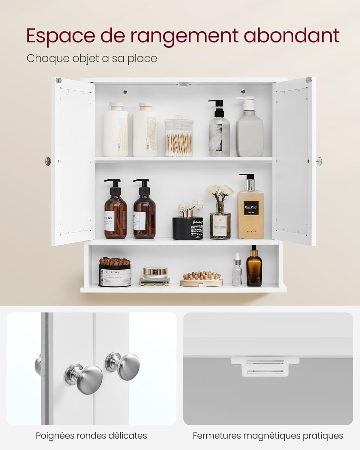 VASAGLE - armoire murale LHC002 - 13x56,5x58,5cm - 2 portes miroir, étagère réglable