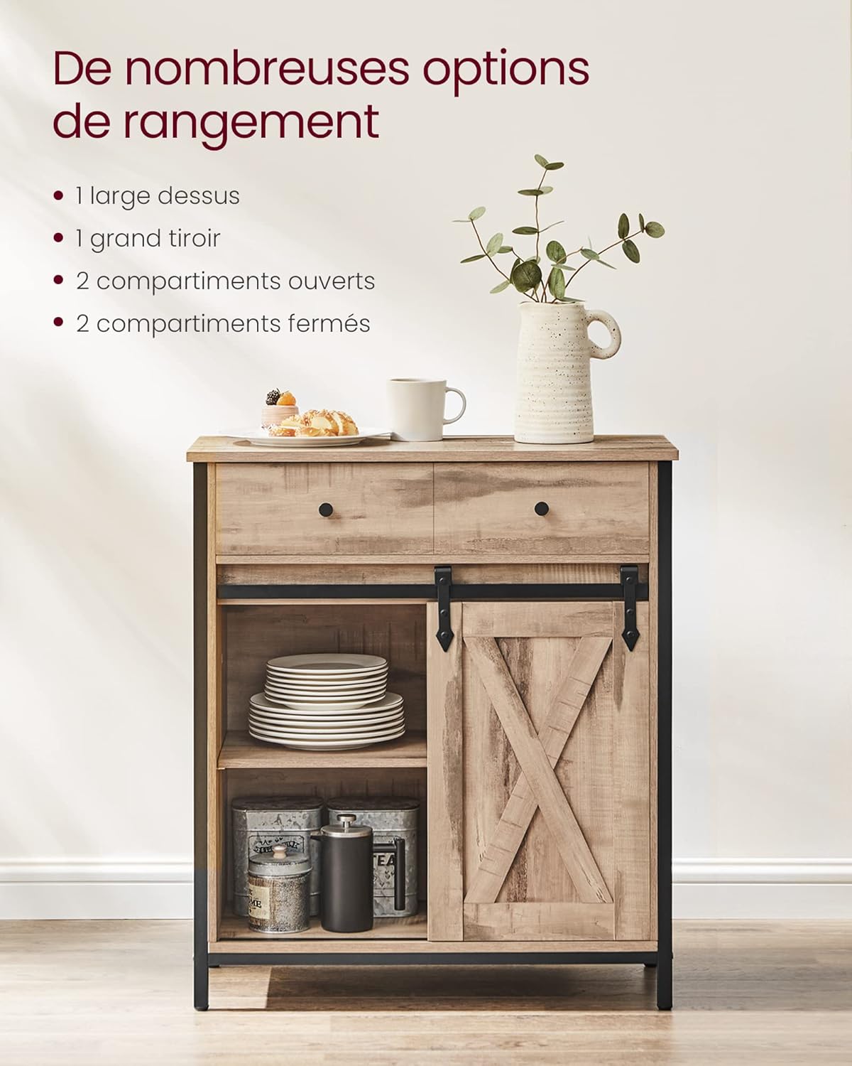VASAGLE - Buffet cuisine, commode, 30x70x80cm, portes coulissantes, étagères réglables - LSC100B50
