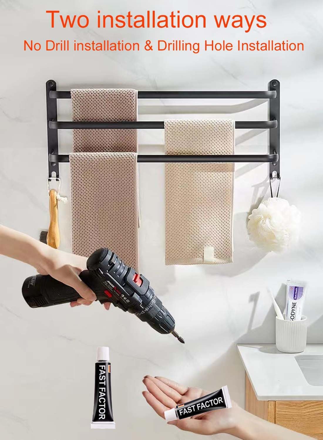 Porte-serviette salle de bain - mural ou sur pied 60 cm - sans perçage