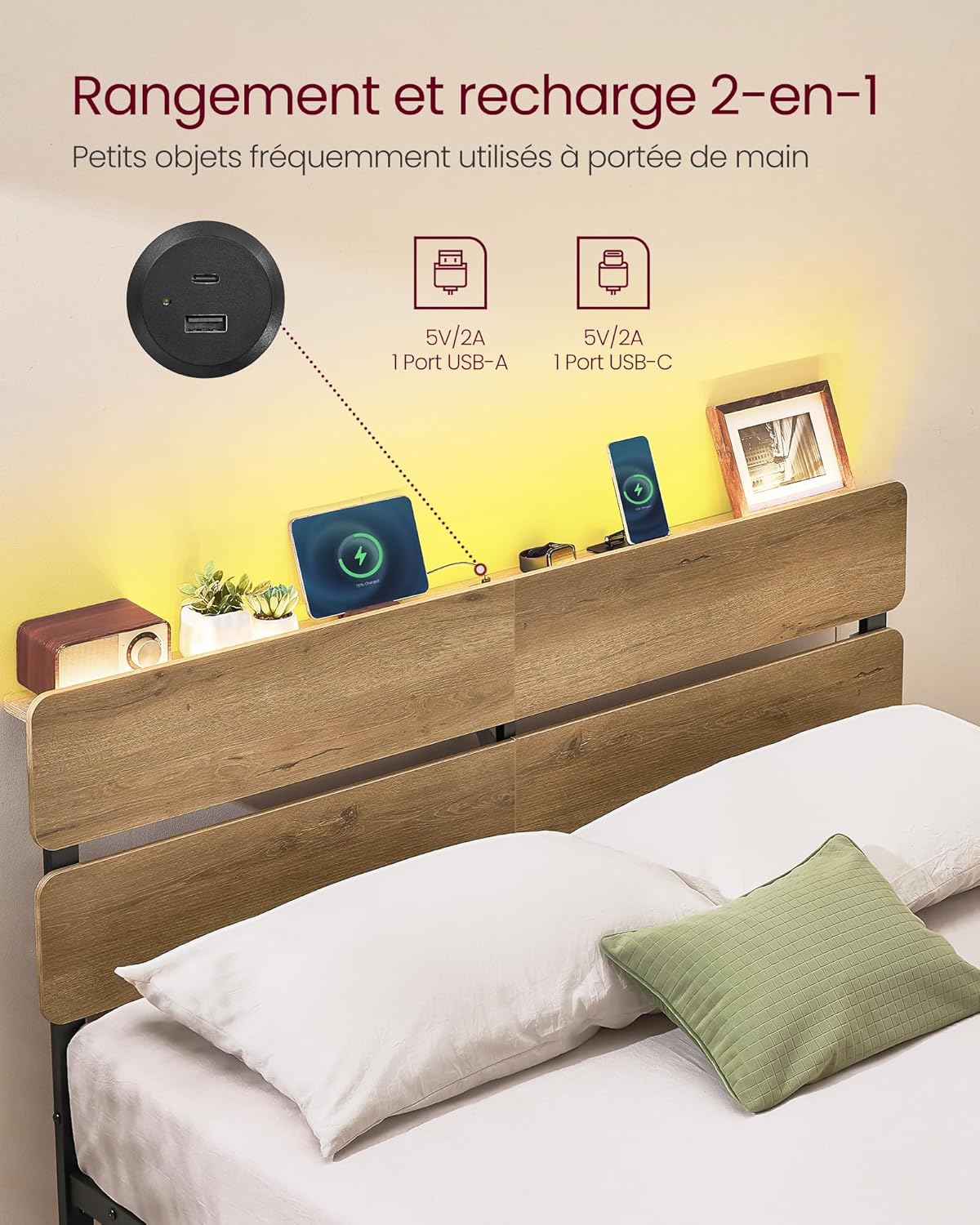 VASAGLE - cadre de lit série RMB - 140x190 cm - LED, ports USB, rangement, style industriel RMB103K01