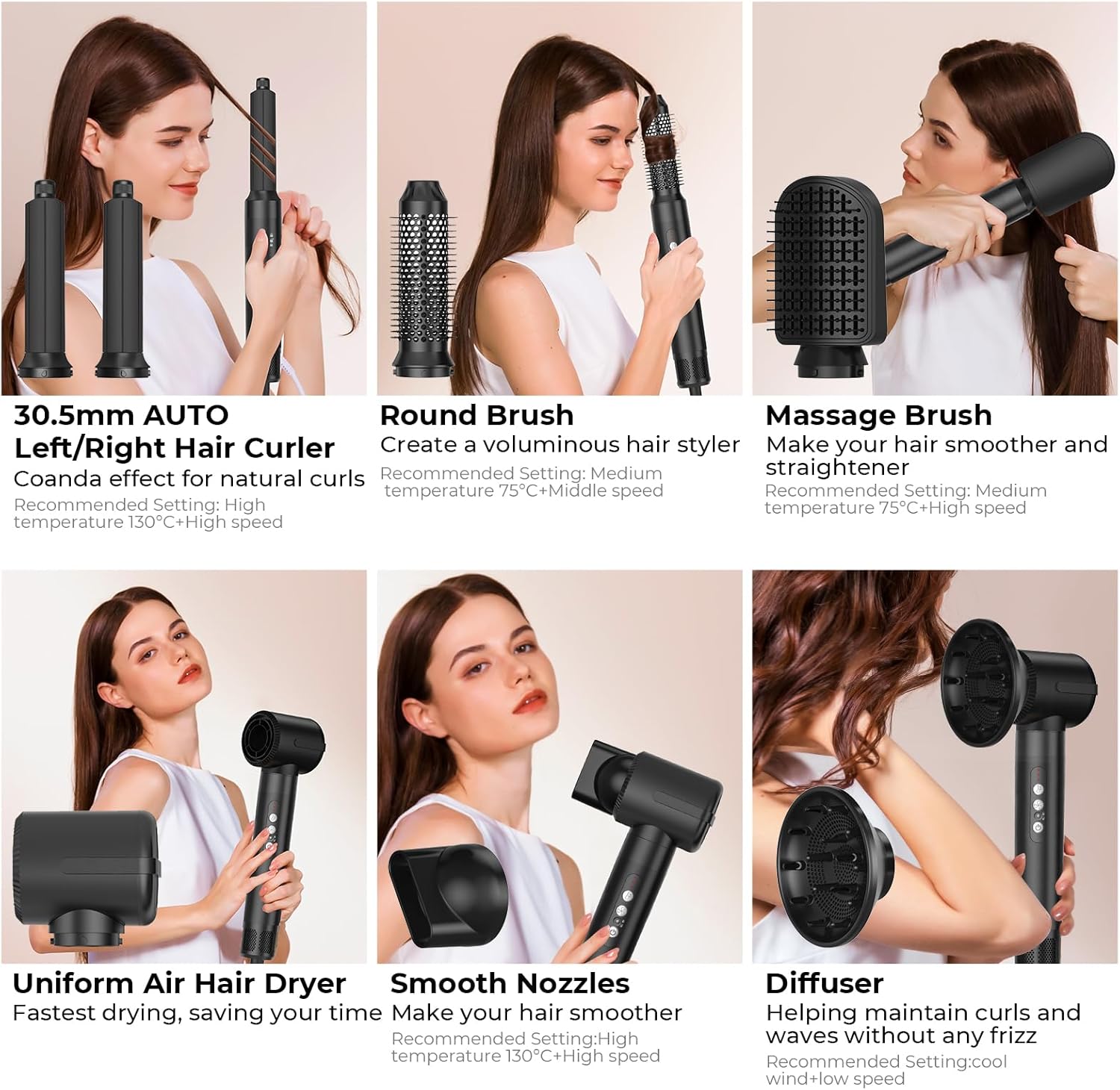 Sèche-cheveux 7 en 1 - 1400W - 3 températures, boucle, lissage