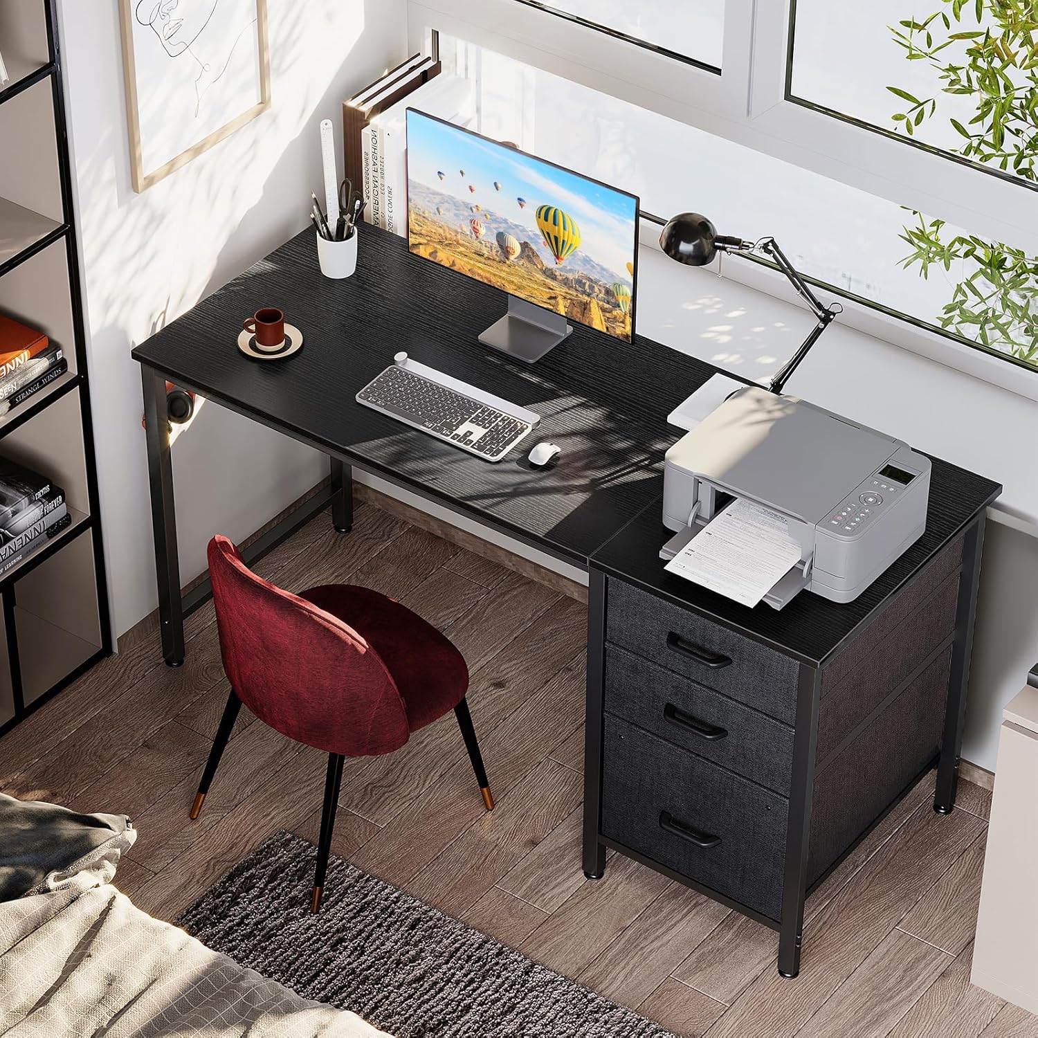 Coleshome - Bureau 120x48cm - 3 tiroirs tissu, porte-casque, réversible