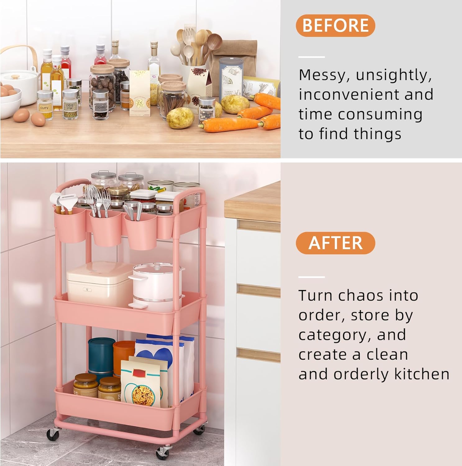 JIUYOTREE - chariot rangement 3 niveaux, roulettes, poignées, gobelets, 78x44x36 cm, rose