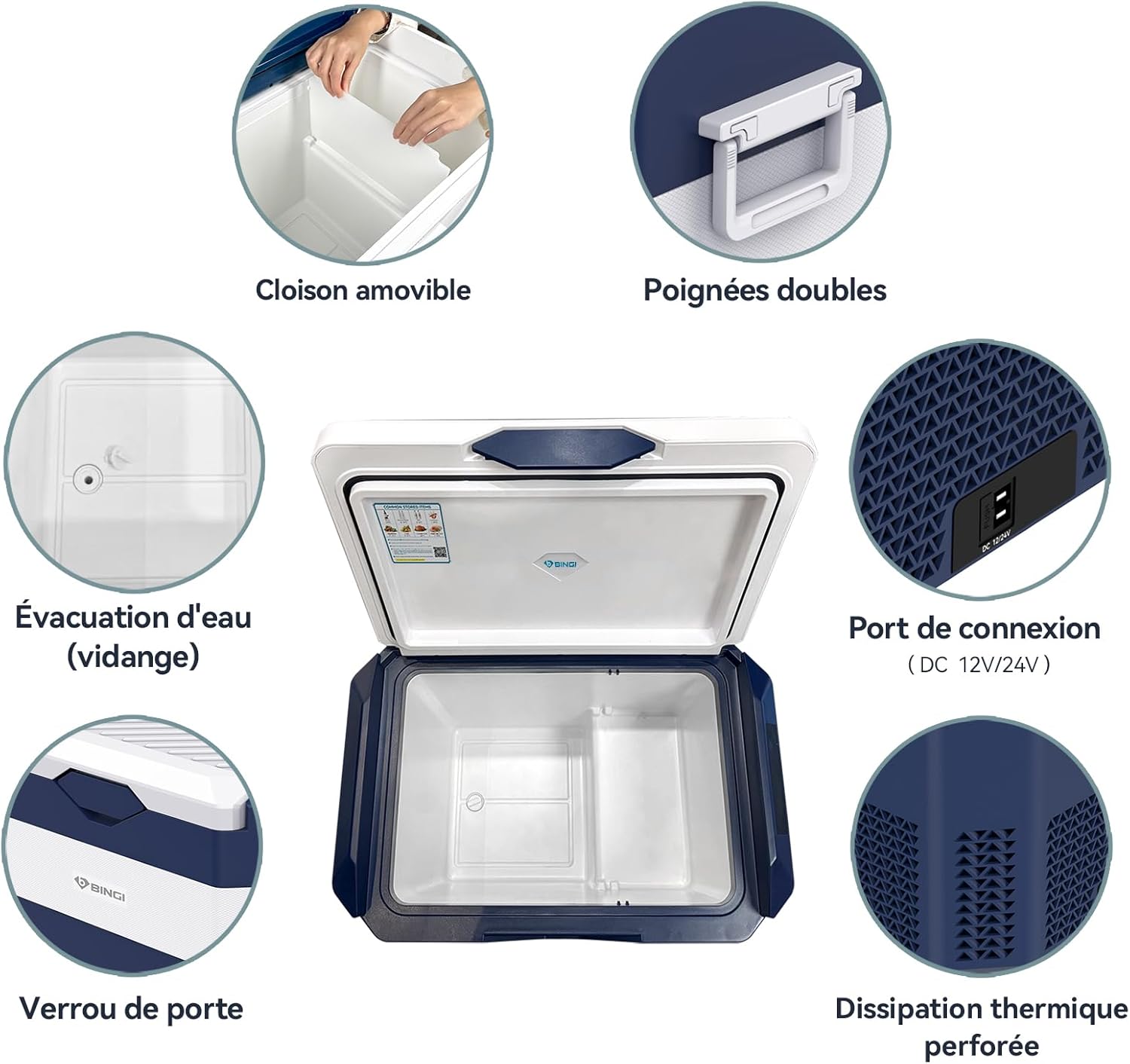 BINGI - glacière à compression 42L - refroidit jusqu’à -18°C, 12/24/220V