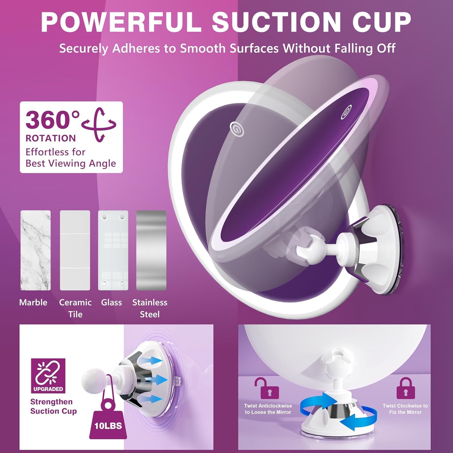 Auxmir - miroir grossissant 20x - LED, rechargeable, ventouse 360°