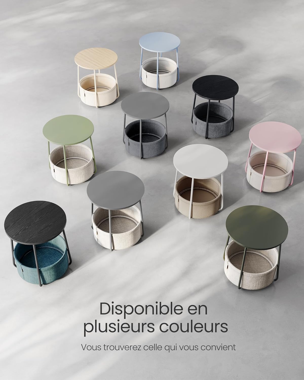 VASAGLE - Petite table basse ronde - compacte, panier tissu, blanc/marron LET223W10