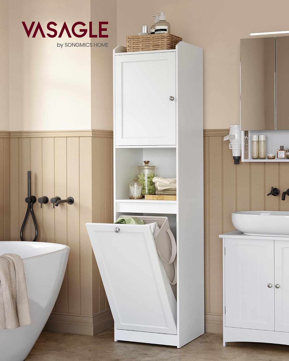 VASAGLE - meuble salle de bain haut - 40x40x170 cm - panier linge, sac amovible, porte, blanc - BBC761W01