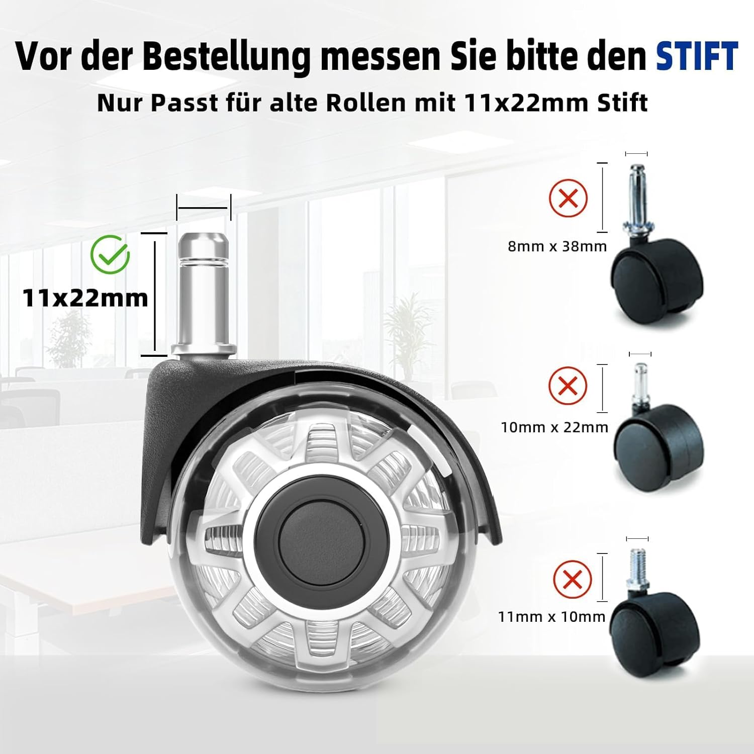 Sytopia - roulettes chaise bureau, lot de 5, 11x22mm, silencieuses, adaptées sols durs