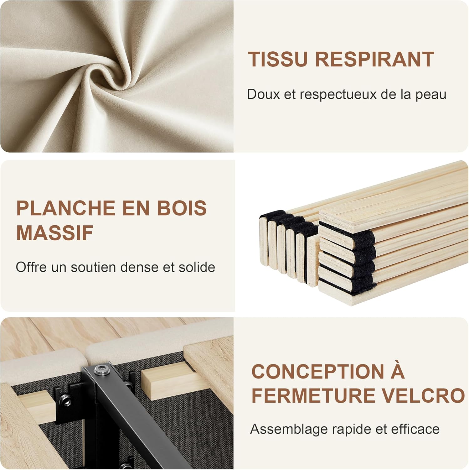 VECELO - lit double rembourré - 140x190 cm - lattes bois, velours, beige