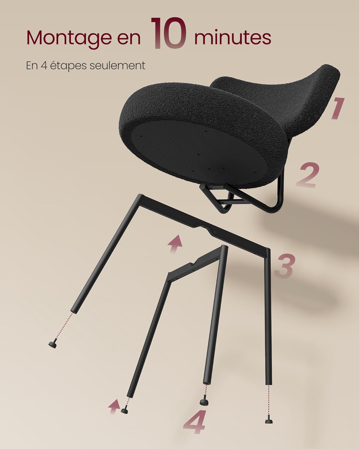 VASAGLE - Chaises salle à manger, lot de 4, tissu peluche, dossier courbé, cadre acier, rembourrées, noir, KDC110B14