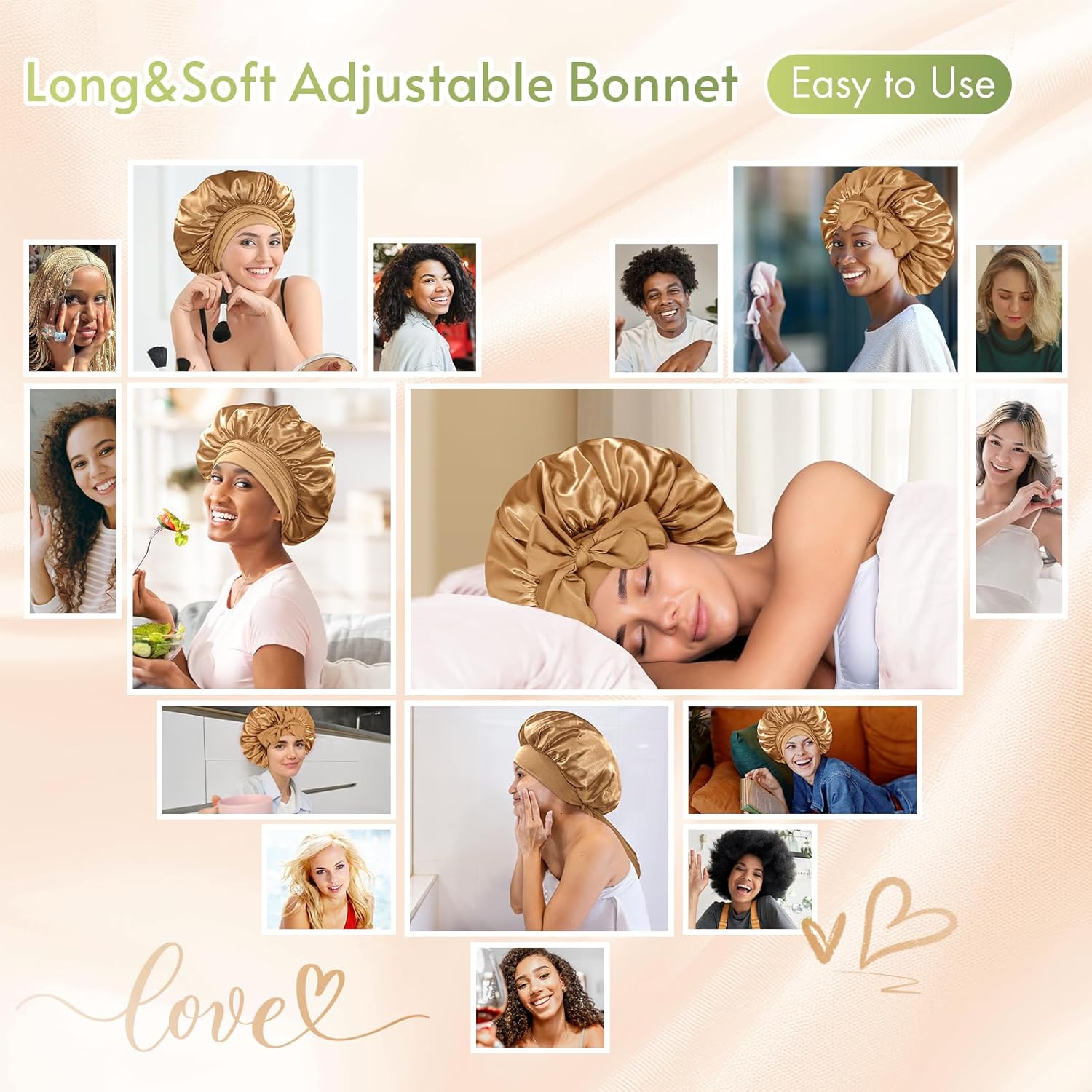 BONNET QUEEN - bonnet satin nuit, taille M, élastique ajustable, kaki