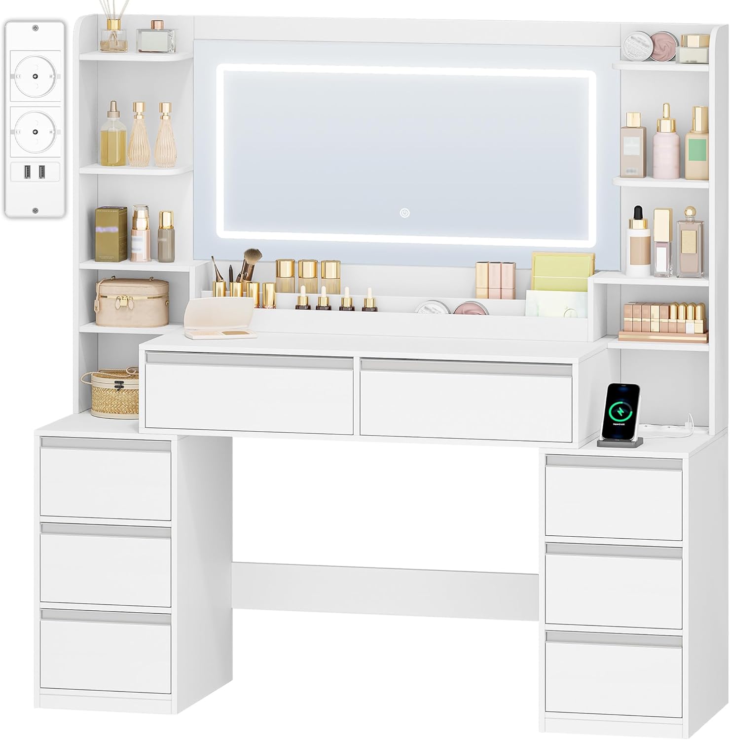 Coiffeuse - 135 cm - miroir LED, 8 tiroirs, prises, blanc-argent