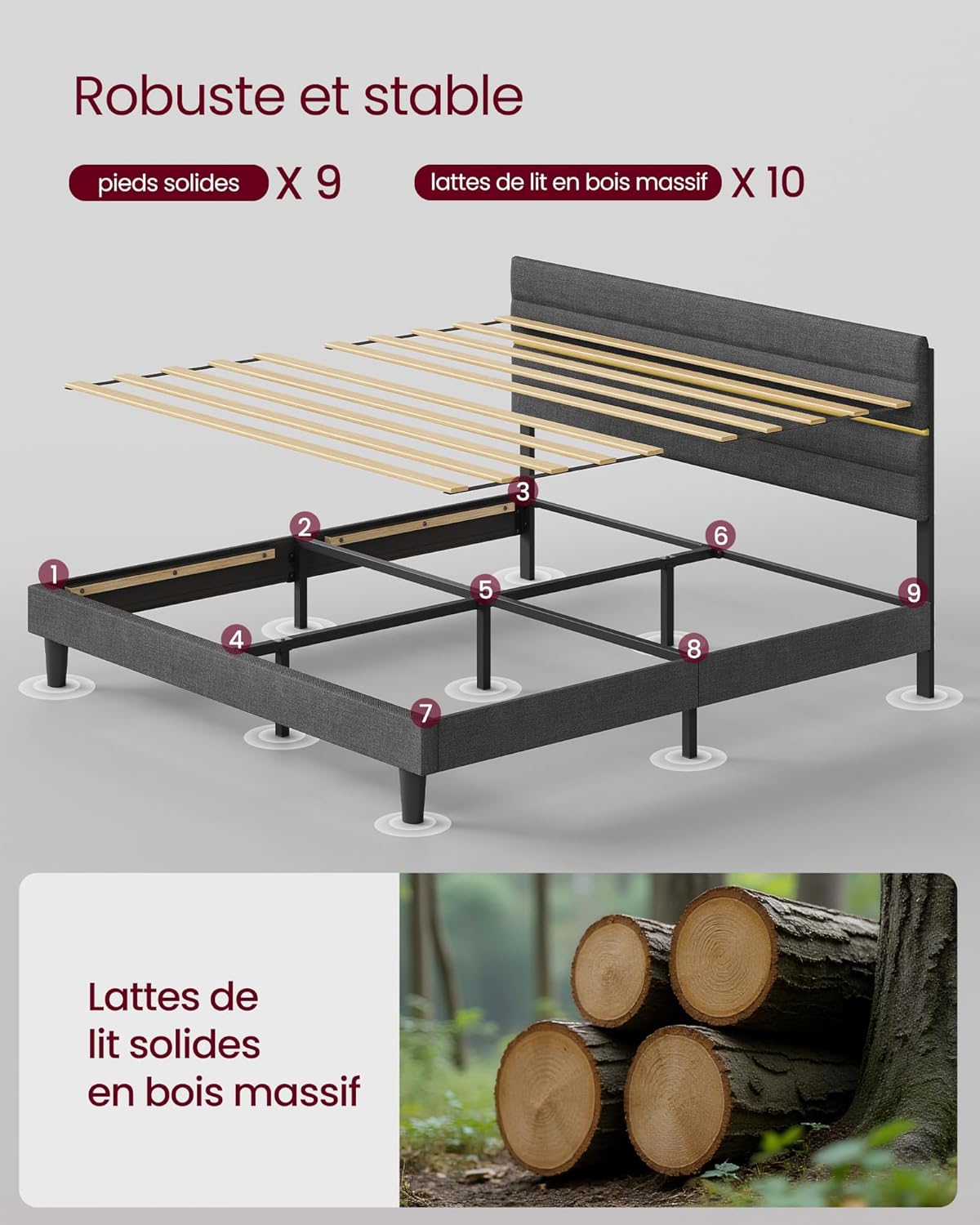 VASAGLE - lit double rembourré, 180x200 cm, métal, bois, gris, RMB508G01V1