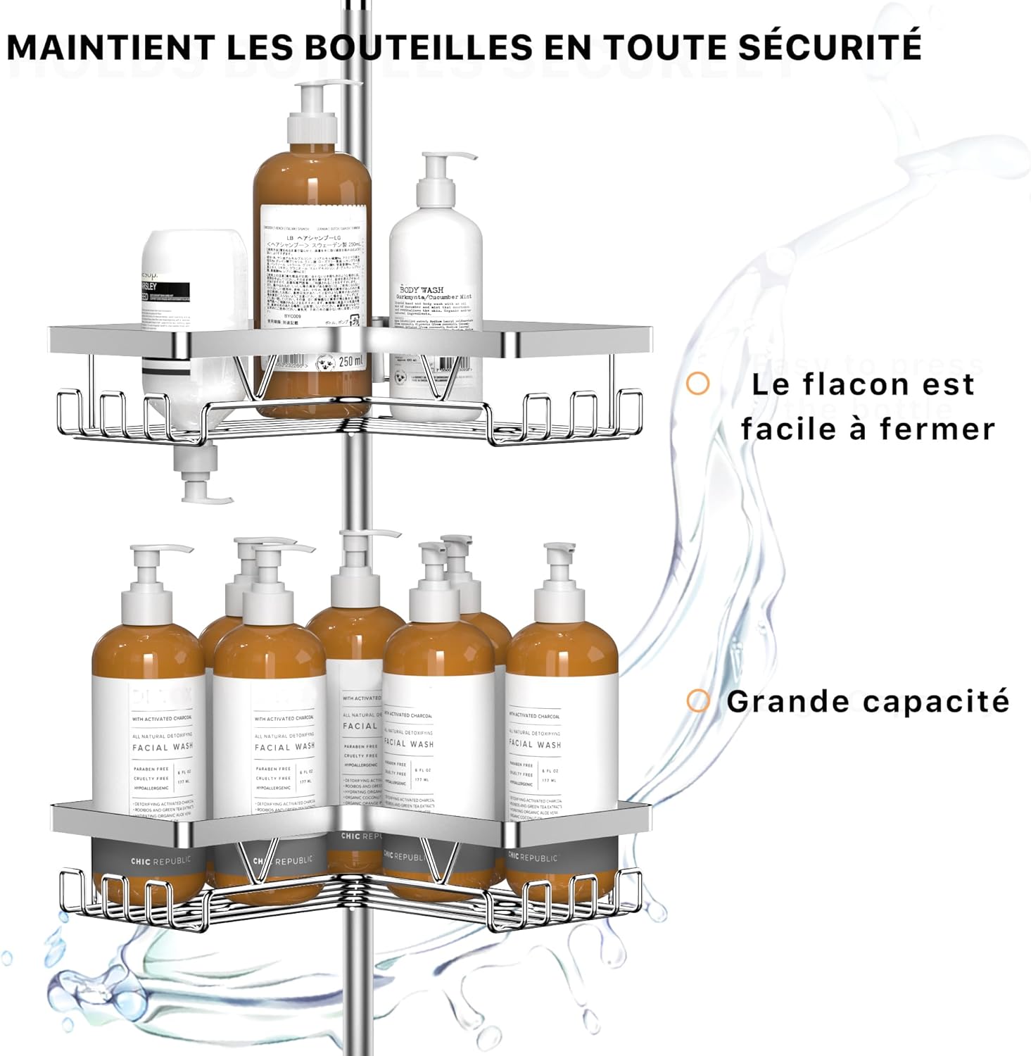 Kegii - étagère douche télescopique, 4 paniers réglables, argent