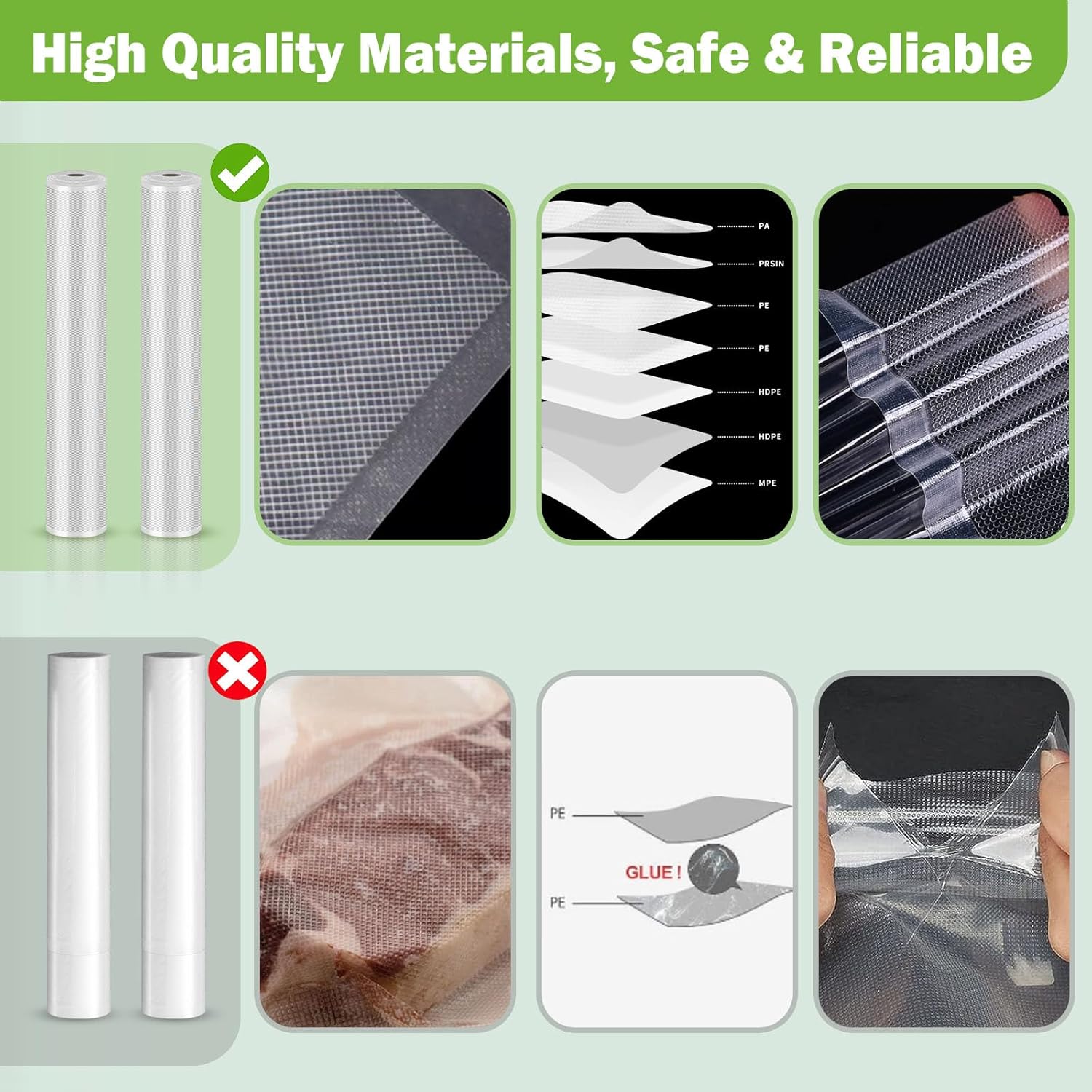 Sac sous vide alimentaire - rouleaux 15x1/20x3/28x5x300cm - sans BPA, certification FDA LFGB