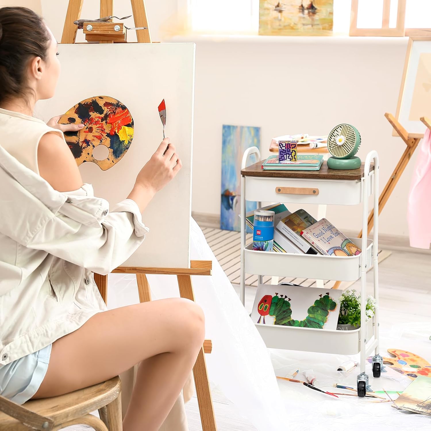 DOEWORKS - chariot de rangement 3 niveaux métal, tiroir, blanc