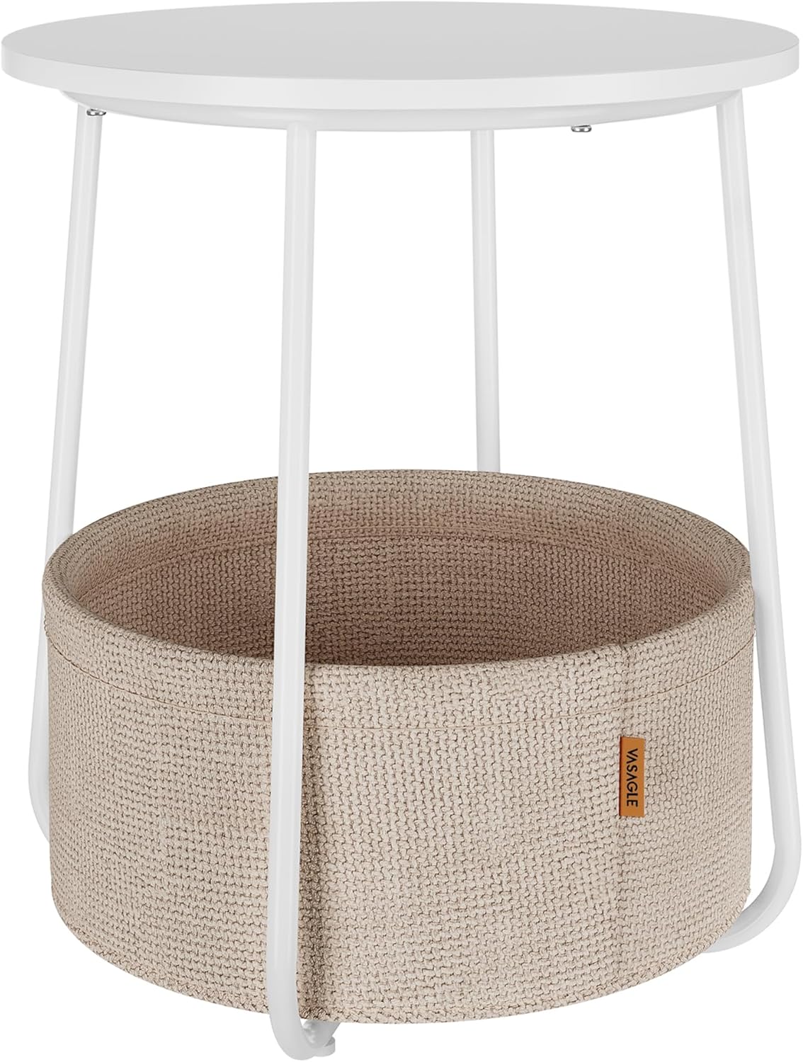 VASAGLE - Petite table basse ronde - compacte, panier tissu, blanc/marron LET223W10