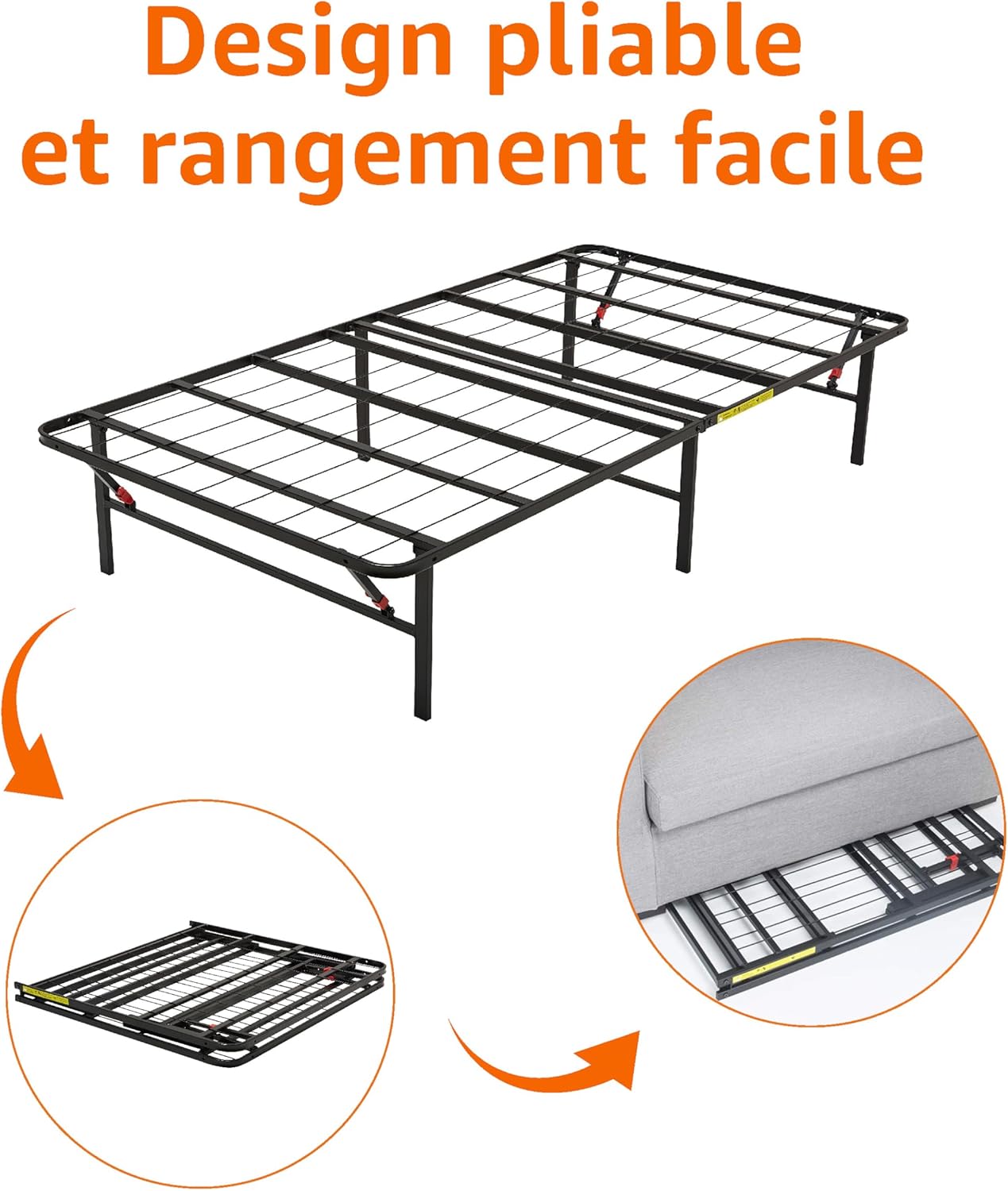 Amazon Basics - cadre de lit pliable 90x190x35.5 cm - montage facile, rangement spacieux