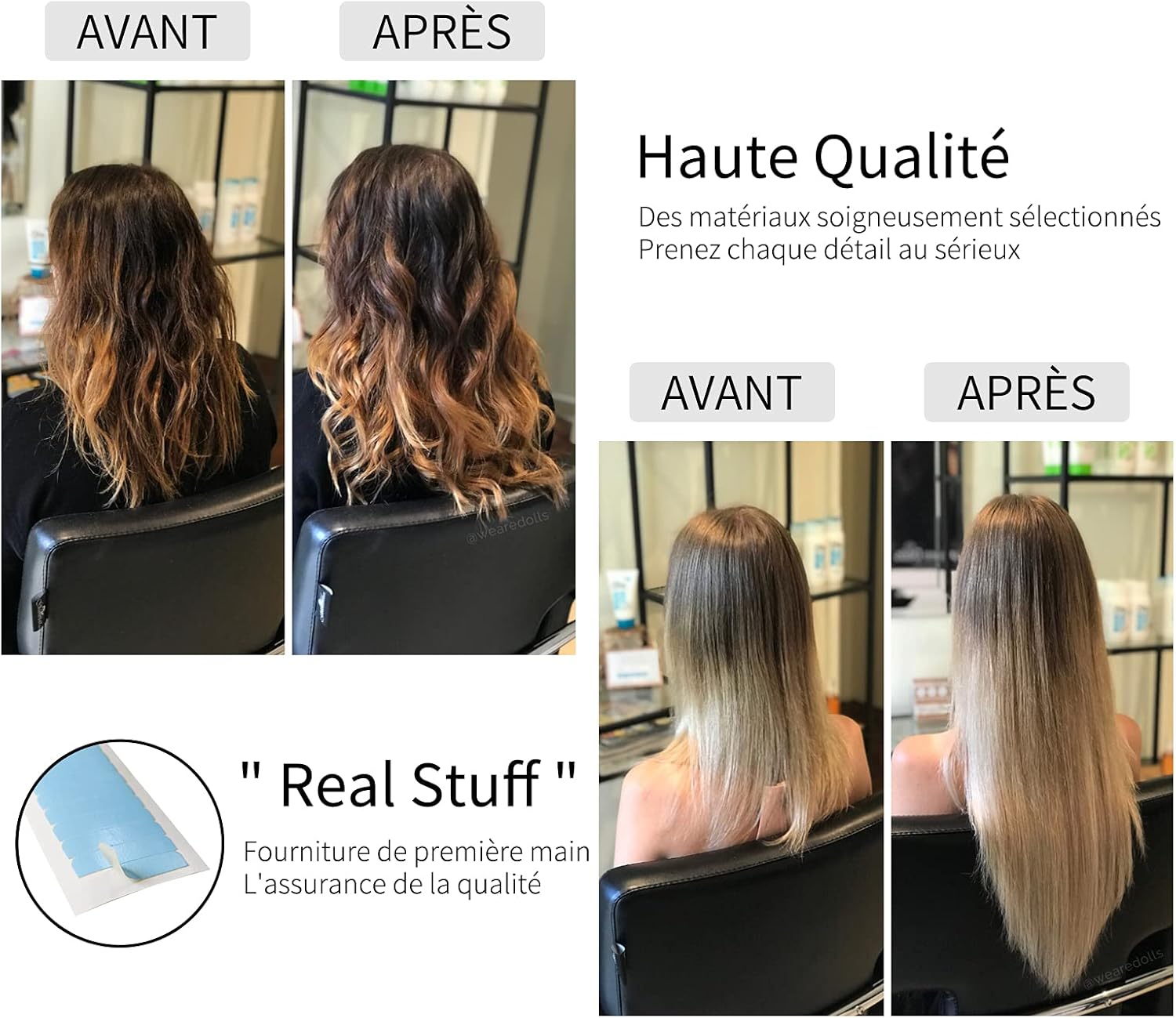 Bande adhésive extension cheveux - lot 120 pièces - double face, bleu