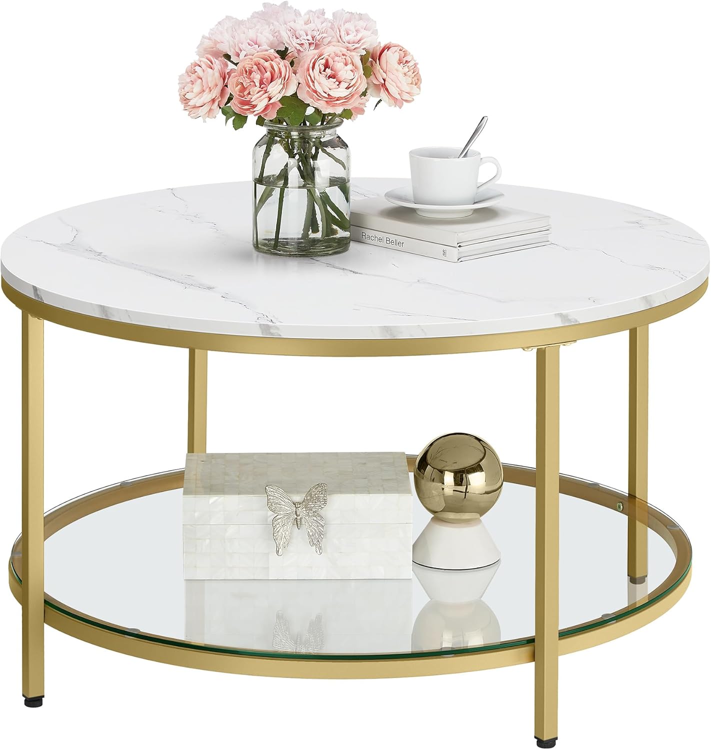 VASAGLE - table basse moderne marbre/verre 59x40cm dorée LCT071W59