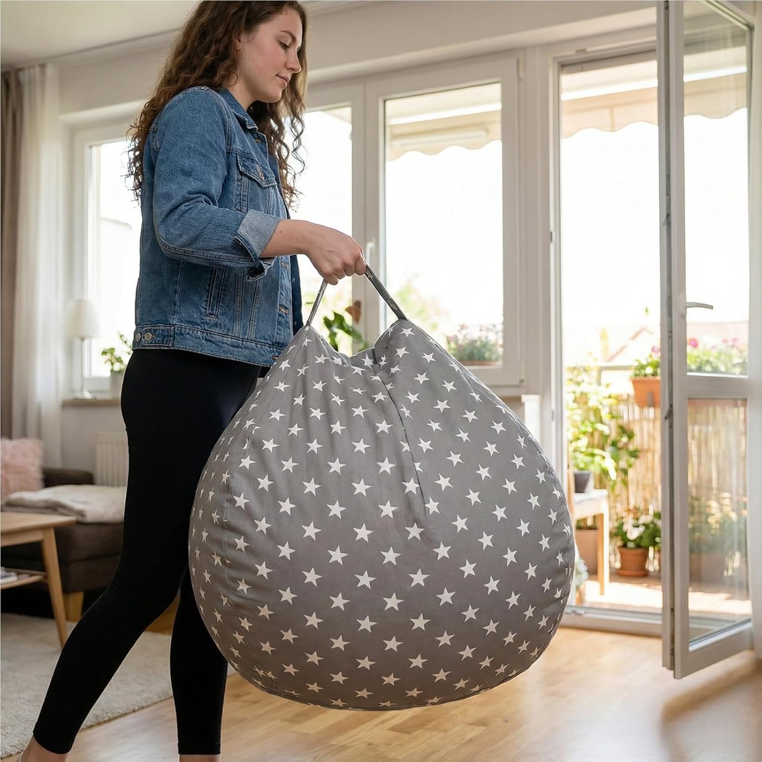 Sac Rangement Peluches Enfant - pouf pliable rond, toile douce, fermeture éclair, rangement jouets et vêtements